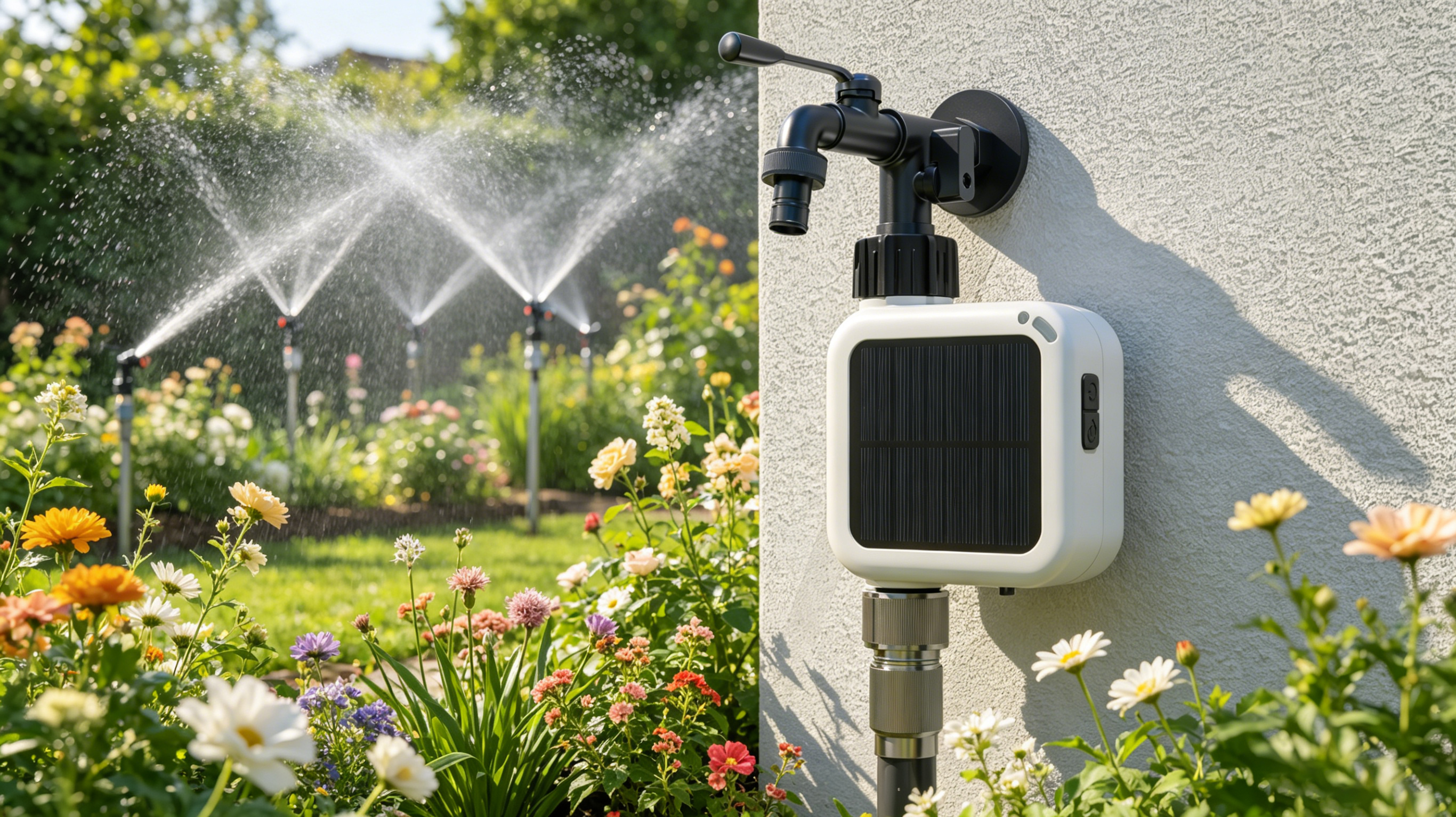 Pixie 2nd Gen installed under an outdoor faucet while sprinklers water the garden.