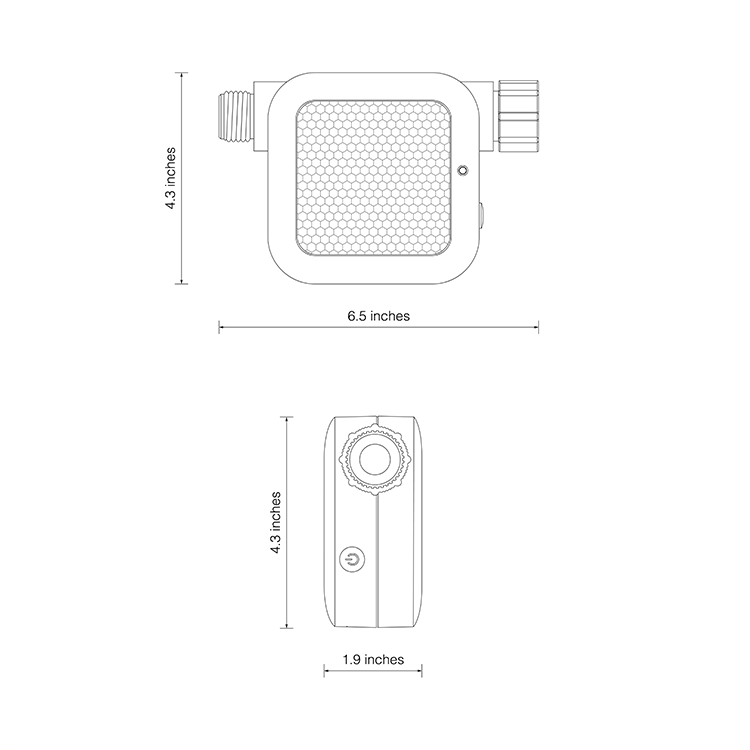 The appearance of Netro Pixie Z1 is that of three-dimensional with dimensions of length 6.5 inches, width 4.3 inches and height 1.9 inches. One end of Netro Pixie Z1 is connected to the Hose Faucet, and the other end serves as the water outlet. It also has a circular LED light. On the side of Netro Pixie Z1, there is a circular function button.